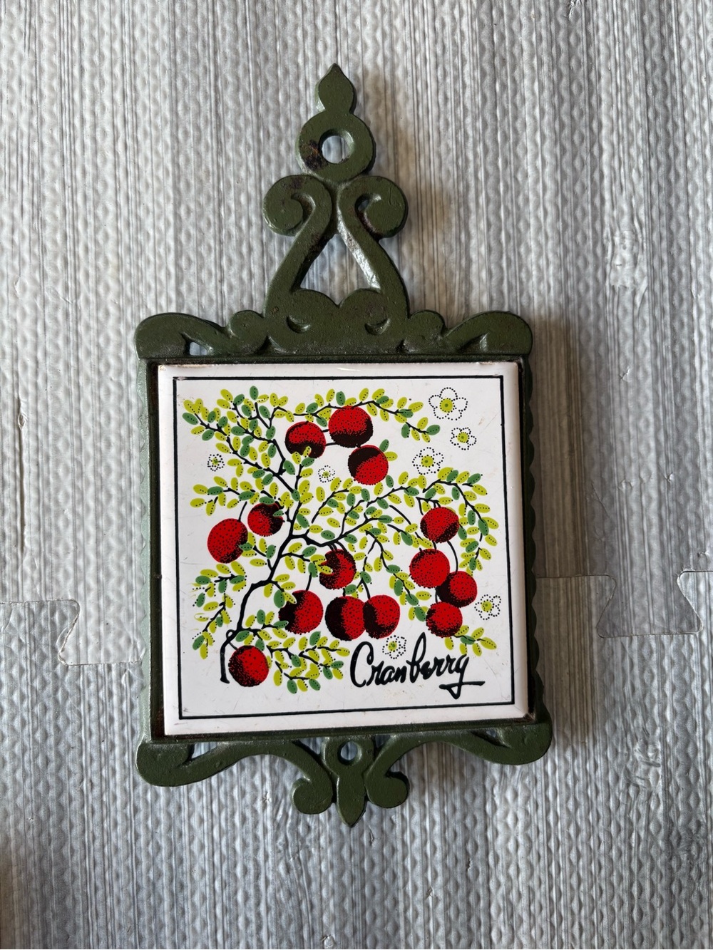 Vintage Cast Iron Framed Porcelain Cranberry Tile Trivet